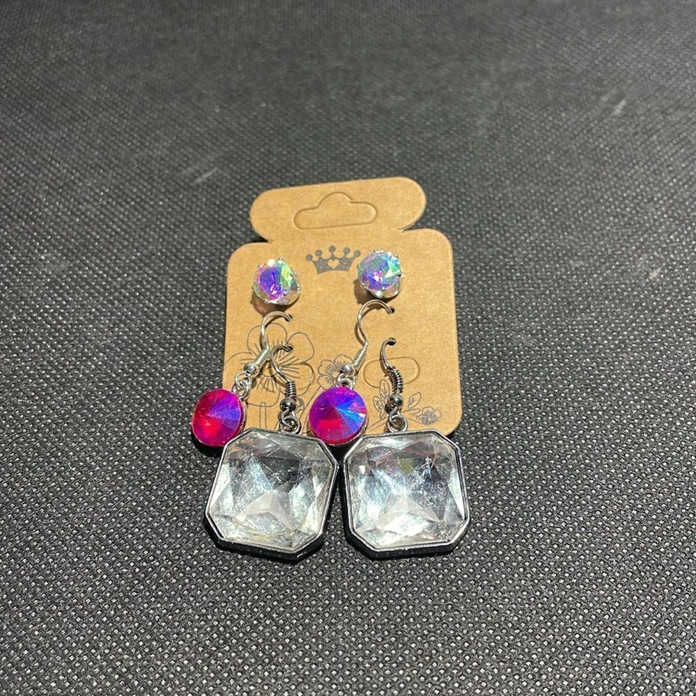 Three earring set with large pink and white gems